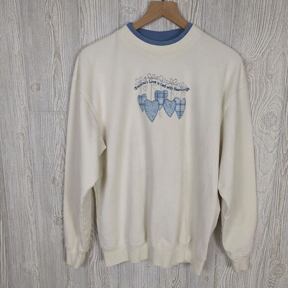 Vintage 90s Women’s XL Cream Blue Grandma’s Love Granny Core Pullover Sweater - Picture 1 of 8